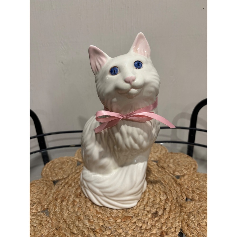 Vintage White Ceramic Cat Figurine Blue Eyes Pink Ribbon Bow 10 Inch Decor